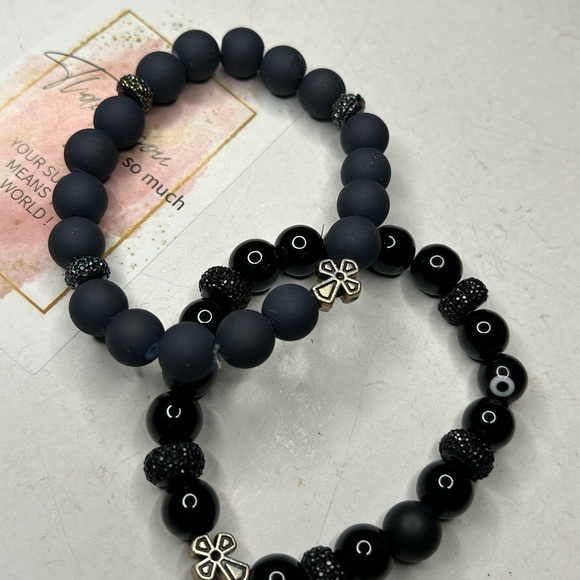 Matte Black & Onyx Cross Charm Bracelet Set - Picture 3 of 3